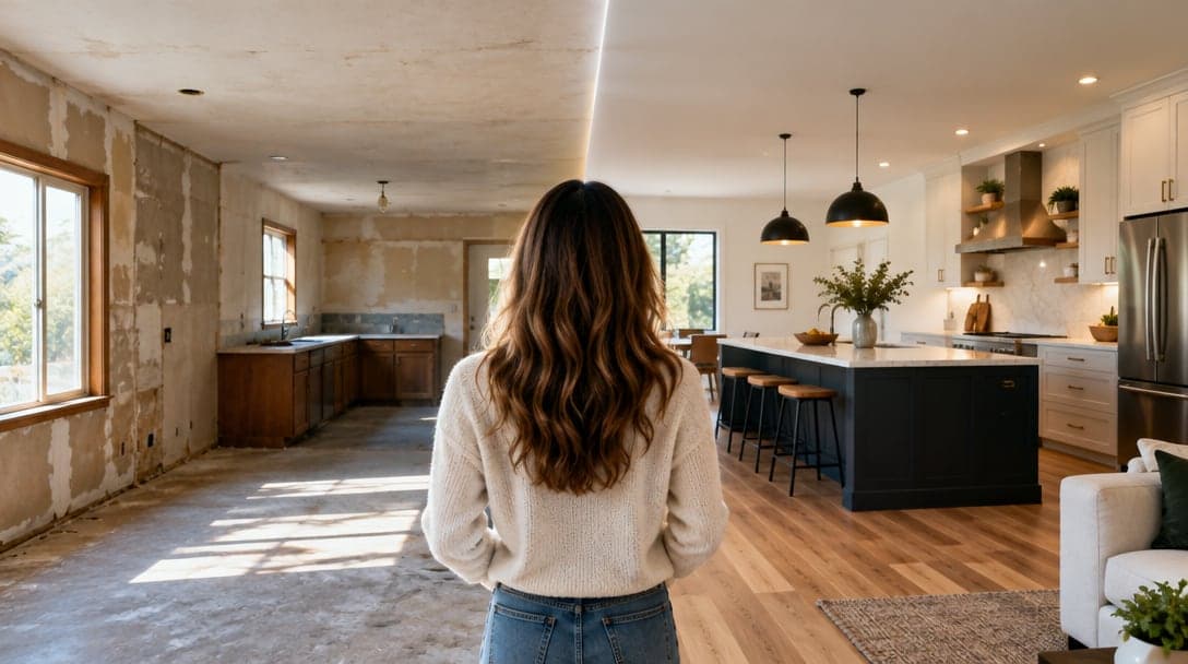 A kitchen shown half before and half after a remodel